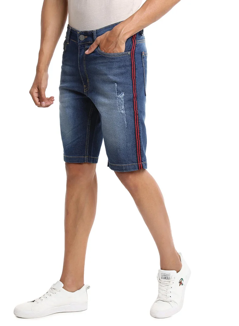 Campus Sutra Campus Sutra Men's Navy Blue Pencil Side-Striped Denim Shorts For Casual Wear | Dark-Wash | Regular Fit | Button Closure | Cotton Denim Shorts Crafted With Comfort Fit For Everyday Wear
