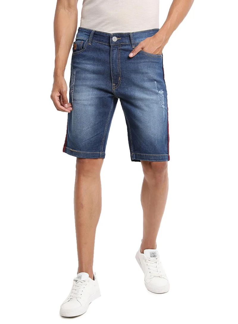 Campus Sutra Campus Sutra Men's Navy Blue Pencil Side-Striped Denim Shorts For Casual Wear | Dark-Wash | Regular Fit | Button Closure | Cotton Denim Shorts Crafted With Comfort Fit For Everyday Wear