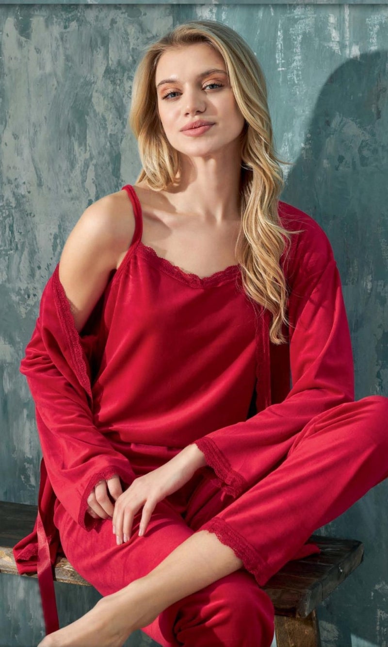 Cotonhause Women's 3 Piece Velvet Red Pajama Set C1T3N402-1 