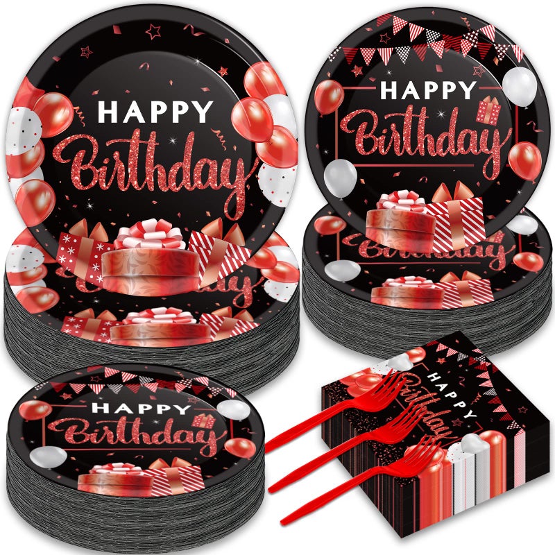 200Pcs Red and Black Birthday Party Tableware Set Confetti Sprinkles Happy Birthday Supplies Red and Black Paper Plates and Napkins Forks for Man and Woman Birthday Party Decorations for 50 Guests