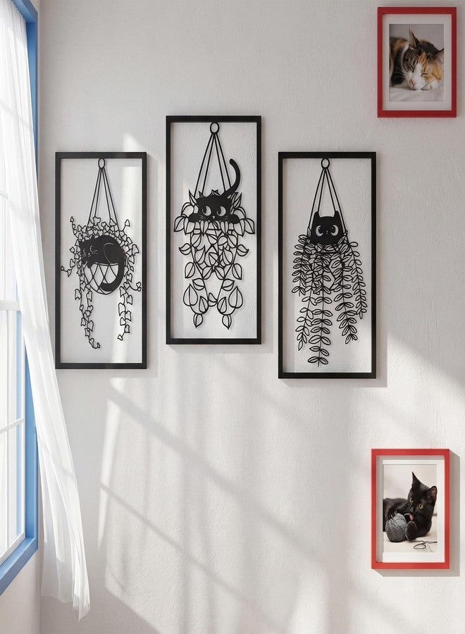 Fiwochic 3 Pcs Black Metal Cat Wall Art Cat Wall Decor Flower Flowerpot Art Decoration for Cats Lover Minimalist Room Living Room Patio Decor Gift - Image 4
