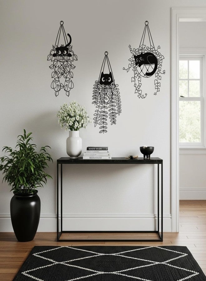 Fiwochic 3 Pcs Black Metal Cat Wall Art Cat Wall Decor Flower Flowerpot Art Decoration for Cats Lover Minimalist Room Living Room Patio Decor Gift - Image 3