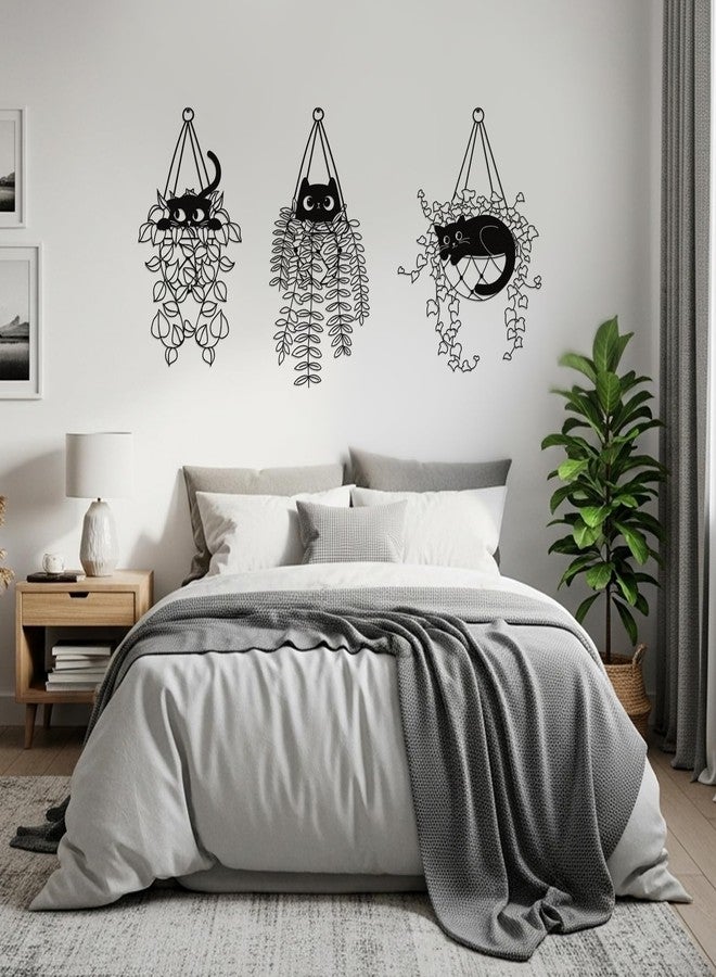 Fiwochic 3 Pcs Black Metal Cat Wall Art Cat Wall Decor Flower Flowerpot Art Decoration for Cats Lover Minimalist Room Living Room Patio Decor Gift - Image 5