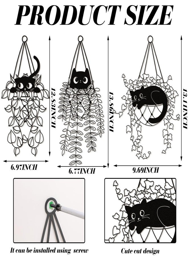 Fiwochic 3 Pcs Black Metal Cat Wall Art Cat Wall Decor Flower Flowerpot Art Decoration for Cats Lover Minimalist Room Living Room Patio Decor Gift - Image 2