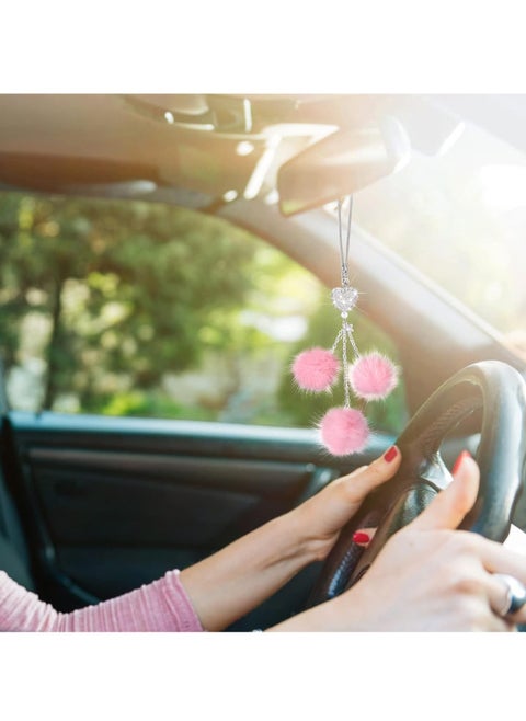 Love Heart Diamond with Plush Ball Car Hanging Ornament, Car Bling Rear View Mirror Lucky Hanging Ornaments Rhinestones Diamond Love Heart Car Accessories for Women & Men (Pink)