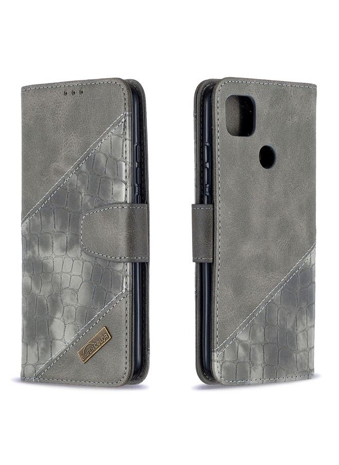 HuHa Case Cover For Xiaomi Redmi 9C Matching Color Crocodile Texture Horizontal Flip PU Leather Case with Wallet & Holder & Card Slots Grey 