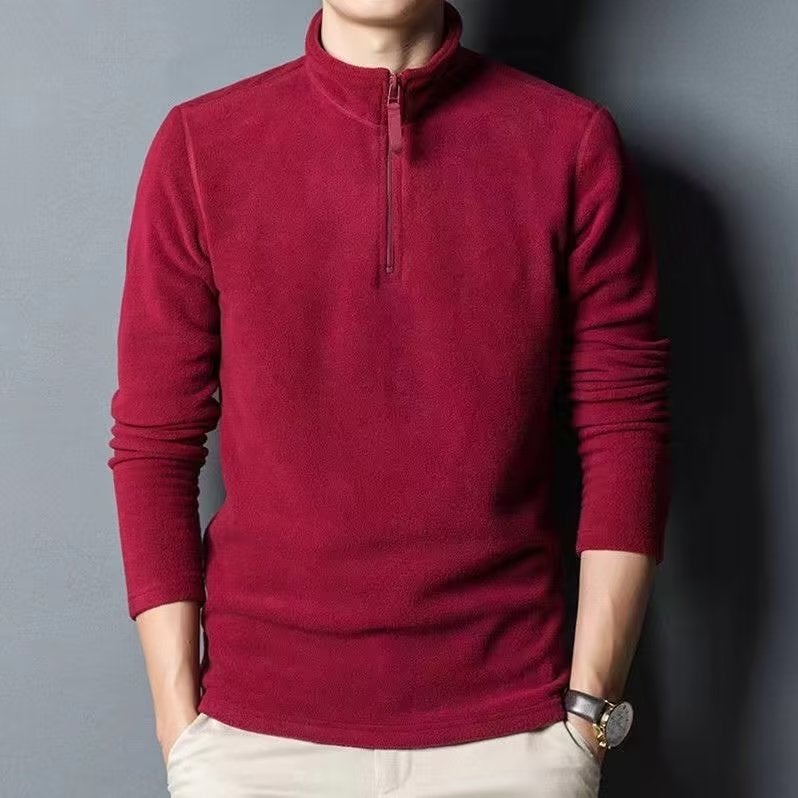 Autumn and Winter New Double-sided Fleece Mens Base Shirt Half-high Neck Fleece fleece-lined Thickened Youth Explosive Zipper Sweater Red - Image 1