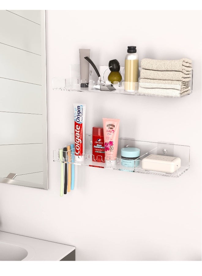 No Drill Wall Mounted Shower Organizer Set, 2 Floating Shelves with Hooks for Bathroom Storage, Acrylic Adhesive Design - Image 5