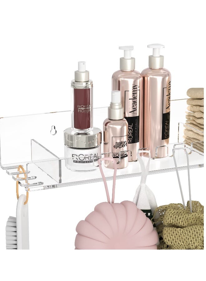 No Drill Wall Mounted Shower Organizer Set, 2 Floating Shelves with Hooks for Bathroom Storage, Acrylic Adhesive Design - Image 2