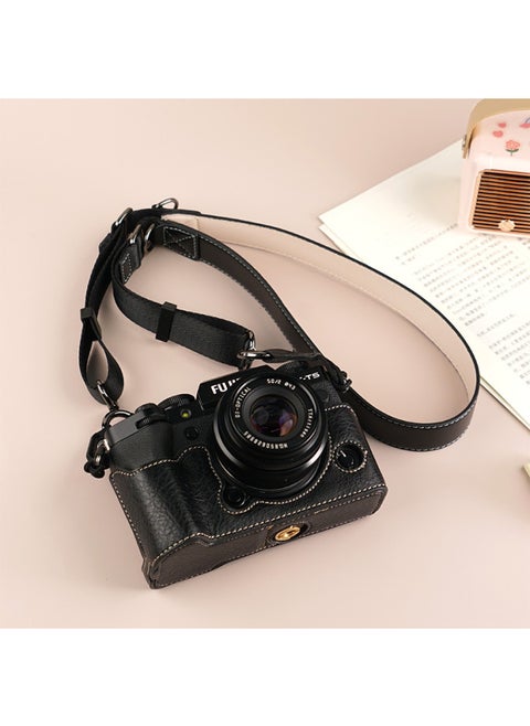 Suitable For Fuji XS20 Protective Case XT30 Second Generation Camera Bag XT5 Base XM5 Leather Case XT20/XS10 Case-Color:D: Xt5 Lychee Pattern Base [black] + V303 Shoulder Strap, Tempered Film Included (excluding Hot Shoe Cover)