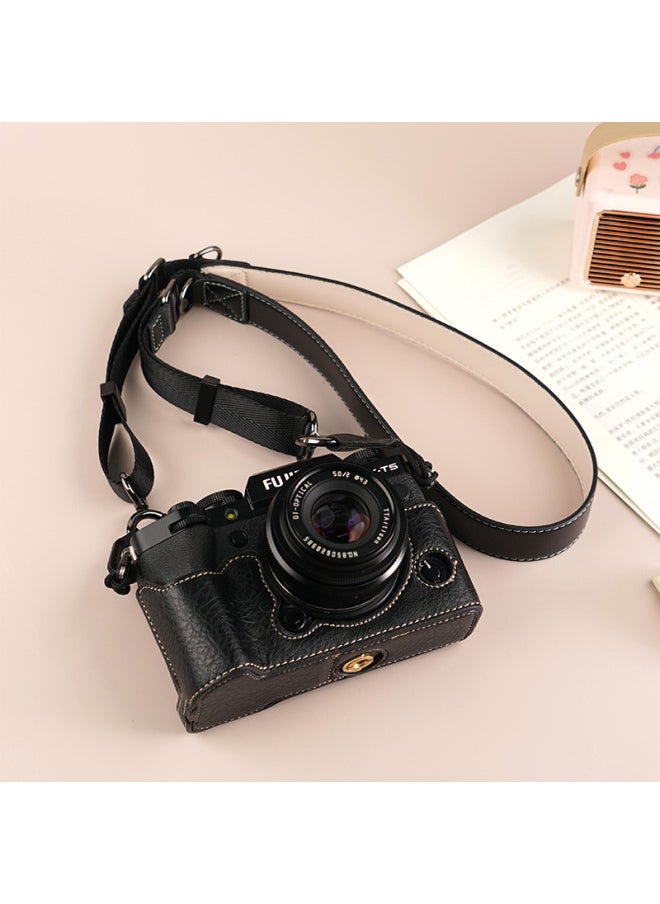 Generic - Suitable For Fuji XS20 Protective Case XT30 Second Generation Camera Bag XT5 Base XM5 Leather Case XT20/XS10 Case-Color:D: Xt5 Lychee Pattern Base [black] + V303 Shoulder Strap, Tempered Film Included (excluding Hot Shoe Cover) - Image 1