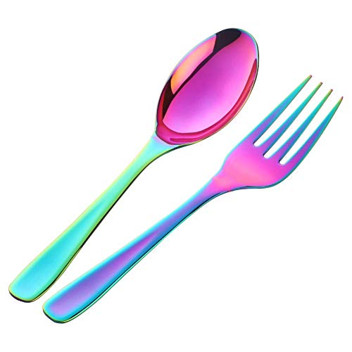 Baikai Salad Server Set, Baikai 2 Pieces Servers, Serving Spoons Forks, 10 inch Utensils Spoon (Rainbow, Salad Spoon & Fork) - Image 1