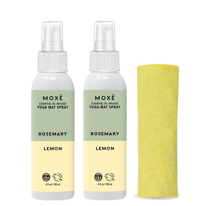 MOXE Yoga Mat Cleaner Spray  Rosemary & Lemon Essential Oil  Safe for All Mats & Exercise Equipment  Odor & Sweat Protection  Includes Microfiber Cleaning Towel  Green America Certified  4 Oz (2 Pack) - Image 1