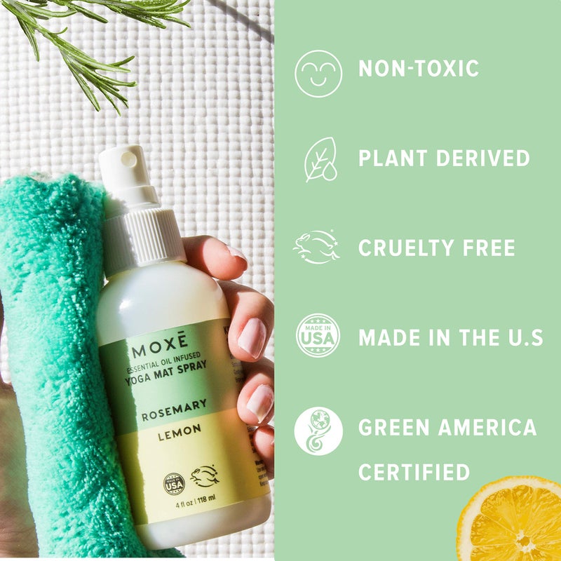 MOXE Yoga Mat Cleaner Spray  Rosemary & Lemon Essential Oil  Safe for All Mats & Exercise Equipment  Odor & Sweat Protection  Includes Microfiber Cleaning Towel  Green America Certified  4 Oz (2 Pack) - Image 2