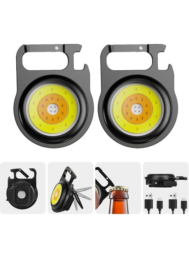 NALANDA 2 Pack Mini LED Flashlight 6 Light Modes Portable Pocket Light Rechargeable COB Floodlight Keychain 3 Color Foldable Bracket Manual Bottle Opener with Magnet Back for Camping Fishing Hiking - Image 1