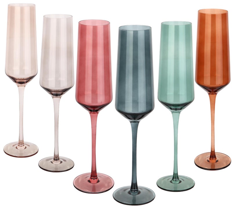 Colored Champagne Flutes Set of 6 Large 8 Oz Hand Blown Crystal Glasses LeadFree Colorful Glasses Italian Style Tall Stemmed GlasswareElegant Gift Box for Wedding Party Holidays Birthdays