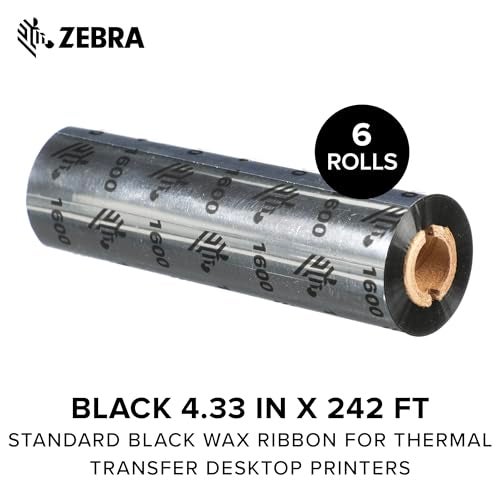 Zebra Standard Black Wax Ribbon for Thermal Transfer Desktop Printers Width 433 in Length 242 ft 05 in Core Pack of 6 Rolls Compatible with Multiple Models 10031723SP - Image 1