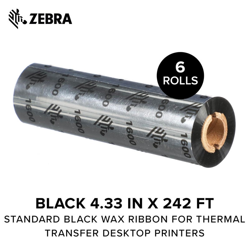Zebra Standard Black Wax Ribbon for Thermal Transfer Desktop Printers Width 433 in Length 242 ft 05 in Core Pack of 6 Rolls Compatible with Multiple Models 10031723SP - Image 2