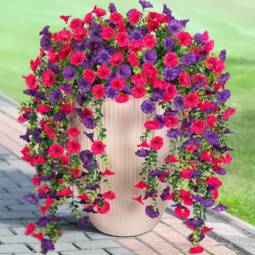 Hrobek Artificial Hanging Flowers for Outdoor 2pcs Fake Plants Long Vine Morning Glory Eucalyptus Spring Summer UV Resistant Realistic Faux Greenery Indoor Outside Patio Porch Garden Decor Hot Pink Purple - Image 1