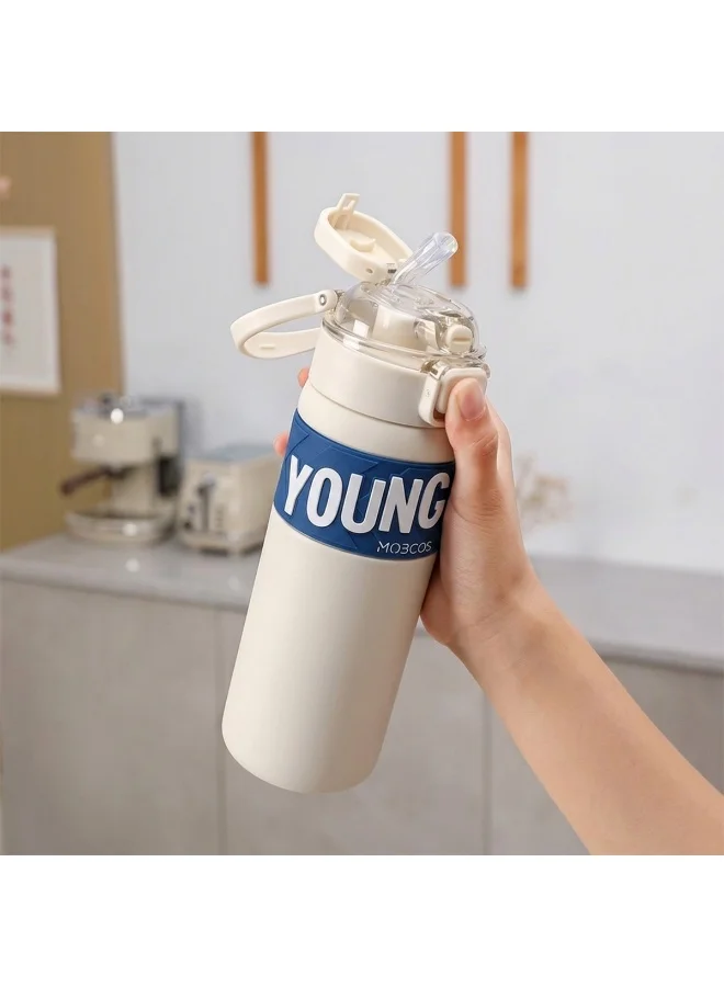 Mobcos white 304 Stainless Steel Double Wall Vacuum Insulated Cup with Bounce Lid Straw 650ml Hiking Sports Water Bottle (White)  | Best Price UAE