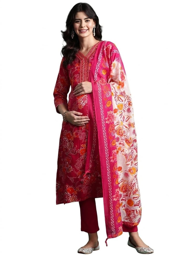 ASSUME FAB Women Viscose Rayon Embroidery V Neck Maternity and Feeding Zip Kurti Pant and Dupatta(Large Pink - Image 1