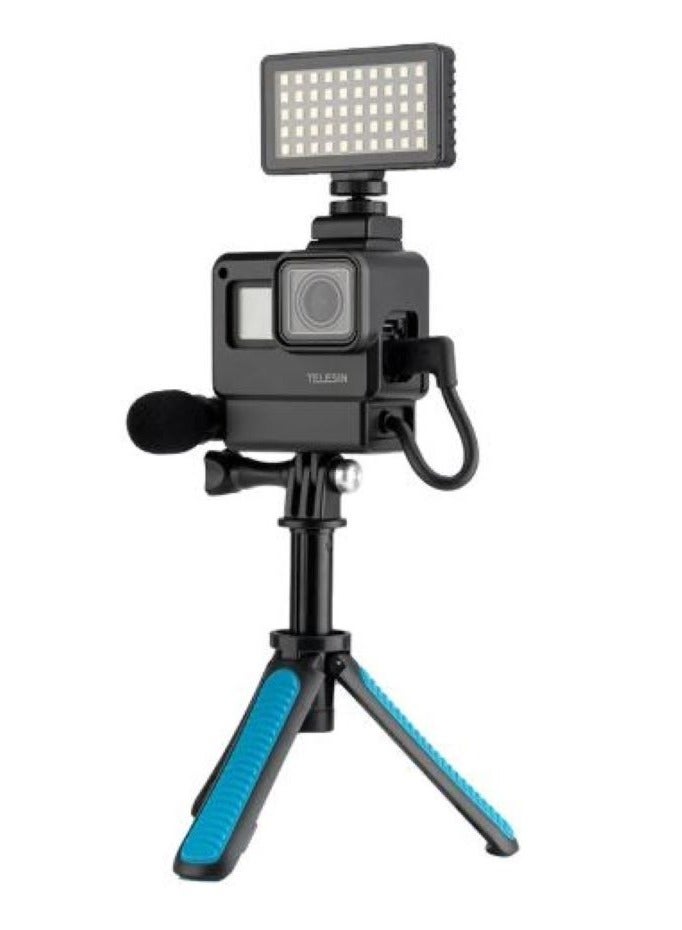 TELESIN TELESIN photo studio GP-VSS-001 Vlog Cage Extension Frame LED Light Mini Microphone Vlog Kit for Gopro 7/6/5 Sports Cam DSLR Vlog Accessories Kit for GoPro 7/6/5 Black  - Image 1