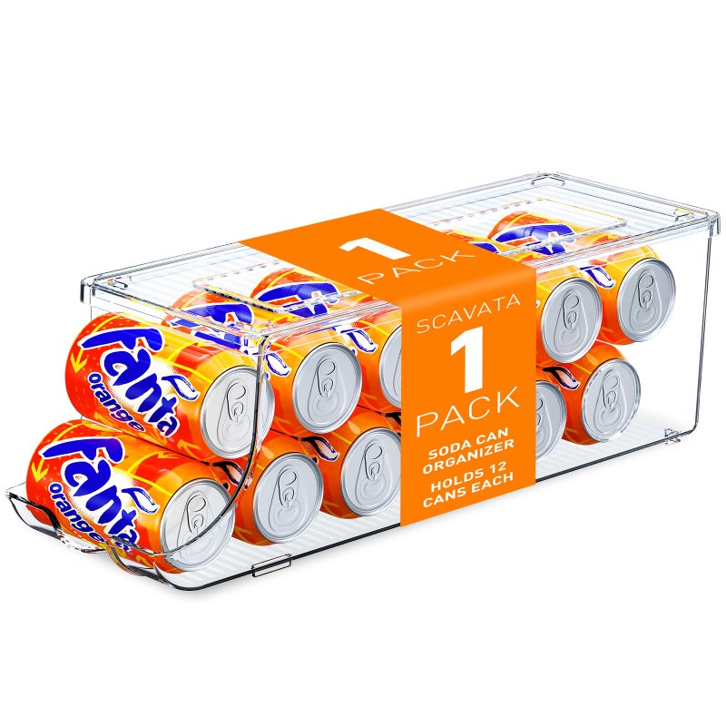 SCAVATA Soda Can Organizer for Refrigerator Stackable Canned Food Pop Cans Container Can Holder Dispenser with Lid for Fridge Rack Freezer Clear Storage BinsHolds 12 Cans Each One