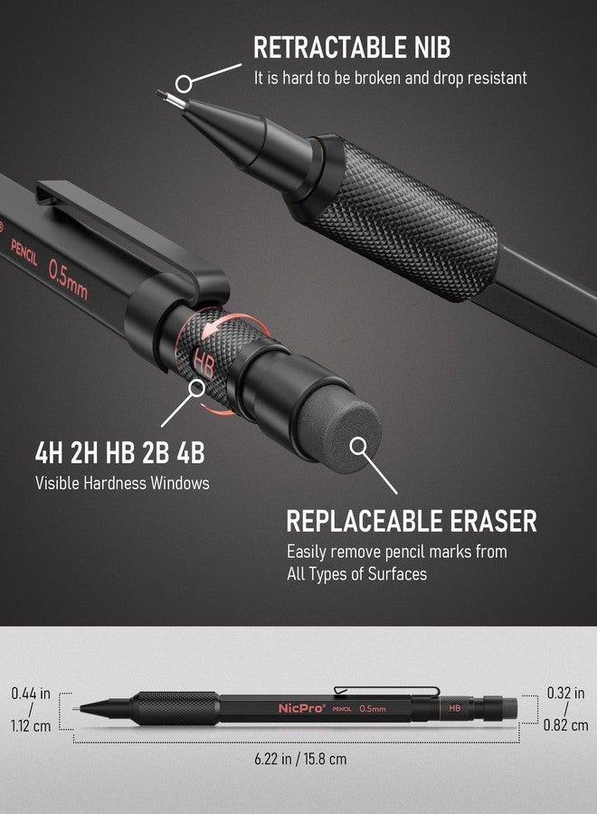 نيكبرو مجموعة أقلام رصاص ميكانيكية نيكبرو 0.5 مم مع حافظة، 3 أقلام رصاص ميكانيكية معدنية MP2000 مع 6 عبوات رصاص HB قابلة لإعادة التعبئة، ممحاة، غلاف مقاوم للماء للكتابة والرسم والتخطيط في الهواء الطلق - Image 5