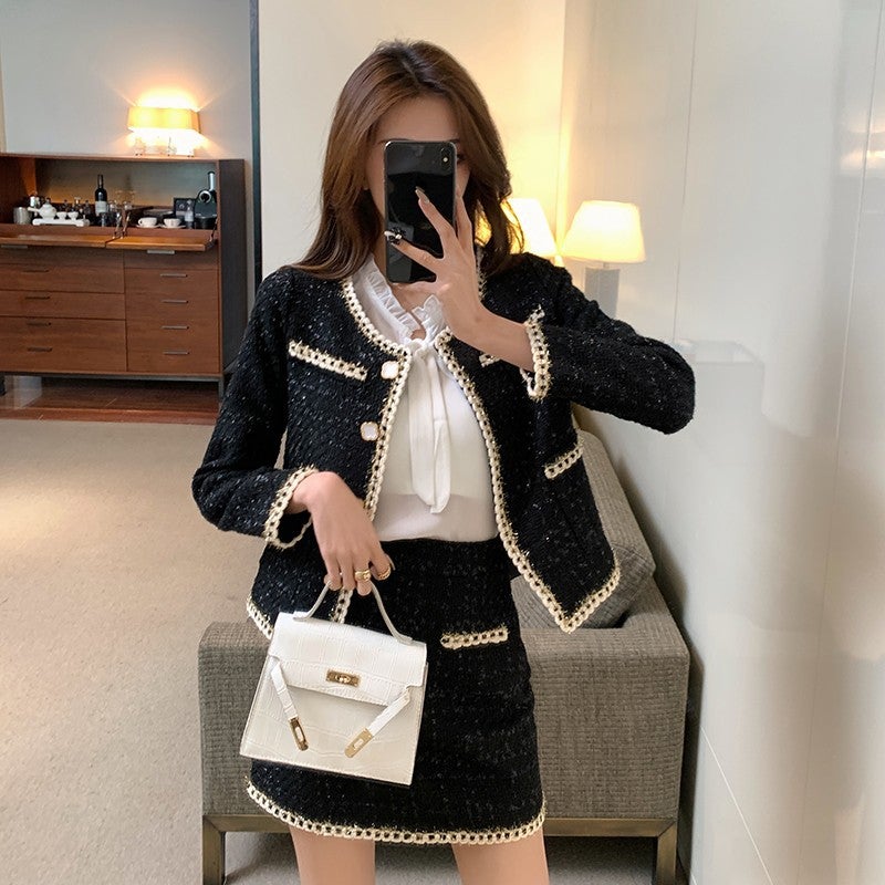 Real shot in stock autumn new 2025 fashion socialite style tweed suit shirt three-piece set Black Coat - Image 3