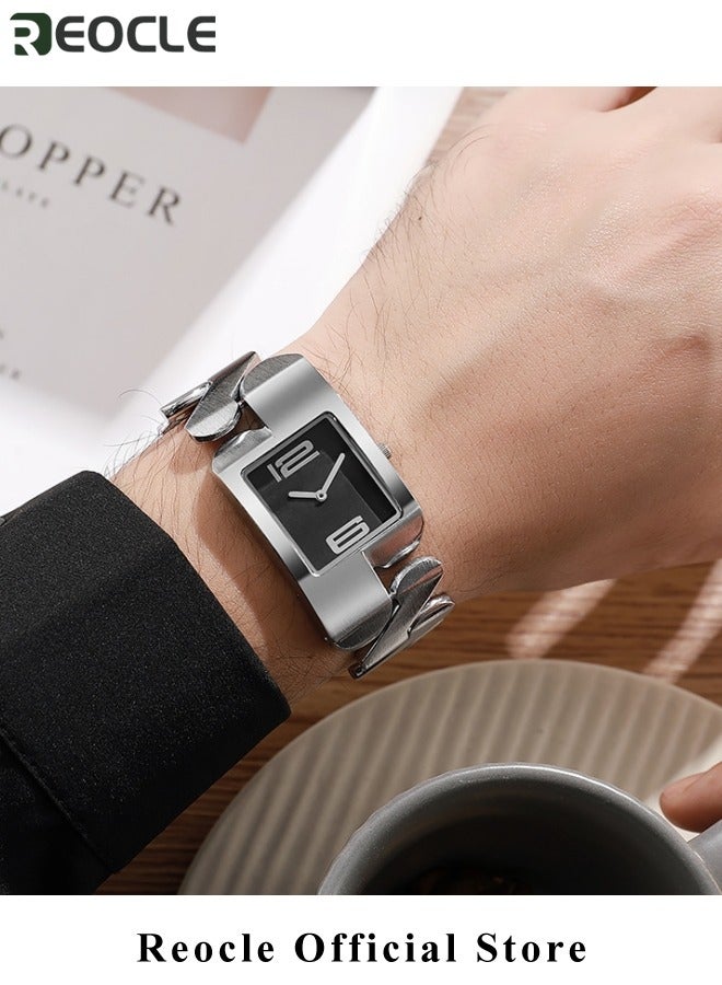 REOCLE Men's Watch Rectangular Stainless Steel Watch Analog Big Numerals Quartz Bracelet Watch Quartz Bracelet Watch Simple Dial for Commuting & Business Gift for Boyfriend & Dad - Image 3