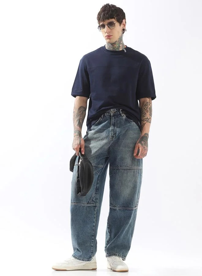 هاي ستار جينز أزرق سادة بأزرار منسوج بالكامل متوسط الارتفاع للرجال