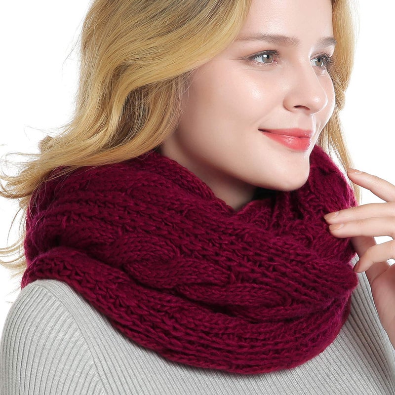 QUEENFUR Winter Women Thick Cable Knit Ribbed Infinity Circle Loop Scarf Matches with Beanies (Burgundy) - Image 3
