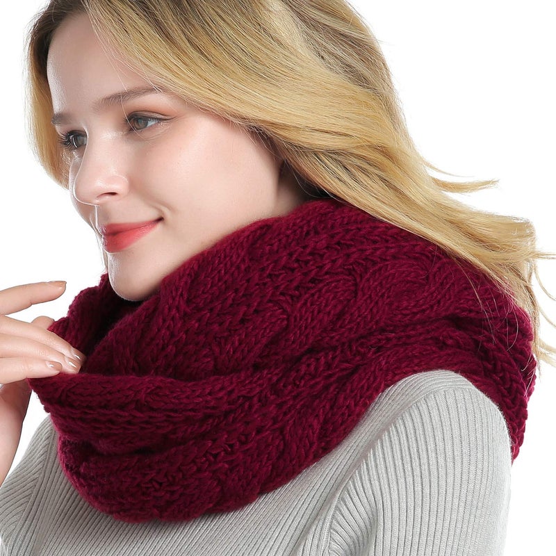 QUEENFUR Winter Women Thick Cable Knit Ribbed Infinity Circle Loop Scarf Matches with Beanies (Burgundy) - Image 2