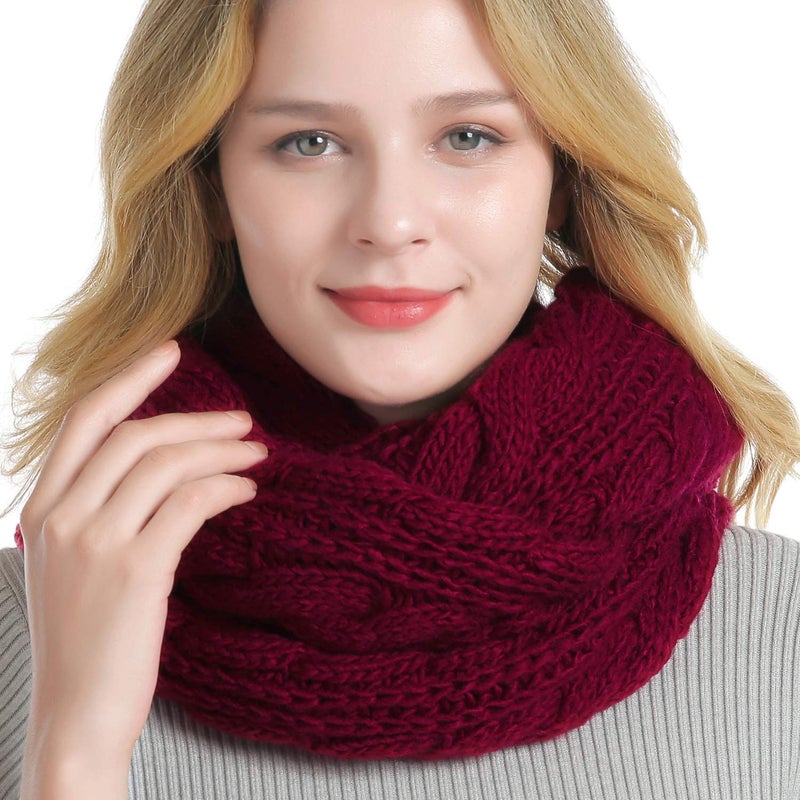 QUEENFUR Winter Women Thick Cable Knit Ribbed Infinity Circle Loop Scarf Matches with Beanies (Burgundy) - Image 1