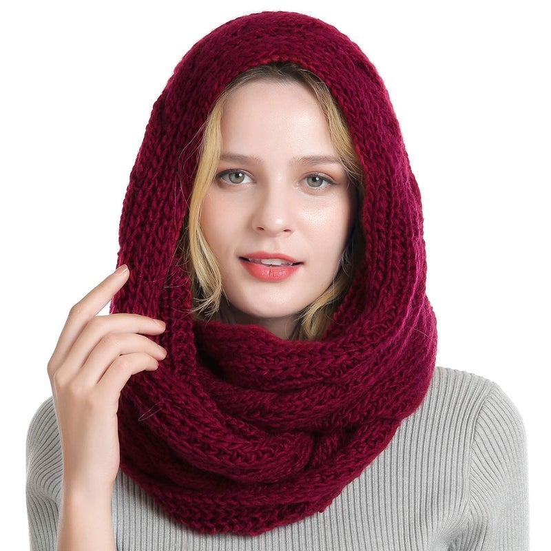 QUEENFUR Winter Women Thick Cable Knit Ribbed Infinity Circle Loop Scarf Matches with Beanies (Burgundy) - Image 4