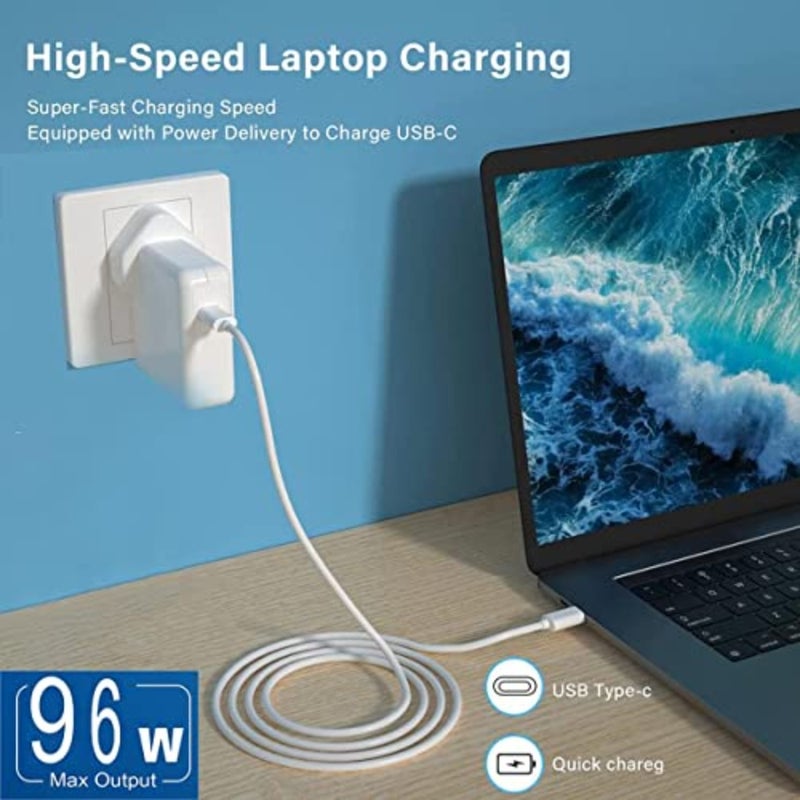 محول طاقة USB-C سريع 96 وات من النوع C لجهاز MacBook Pro 16/15/14/13 بوصة، Air، 12 بوصة - يتضمن كابل USB-C إلى C بطول 6.57 قدم/2 متر - أجهزة الكمبيوتر المحمولة، وأجهزة الكمبيوتر اللوحية والهواتف الذكية، وشاحن Thunderbolt - Image 5