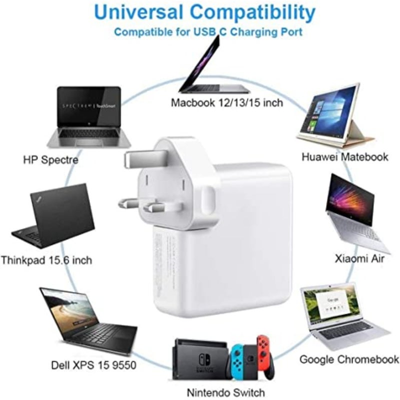 محول طاقة USB-C سريع 96 وات من النوع C لجهاز MacBook Pro 16/15/14/13 بوصة، Air، 12 بوصة - يتضمن كابل USB-C إلى C بطول 6.57 قدم/2 متر - أجهزة الكمبيوتر المحمولة، وأجهزة الكمبيوتر اللوحية والهواتف الذكية، وشاحن Thunderbolt - Image 3