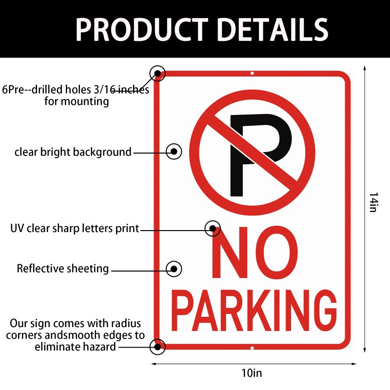 Amylove 6 Pcs No Parking Signs with Symbol Sign 10 x 14 Inch Reflective Aluminum Nonparking Sign, UV Protected, Weather Resistant, Waterproof, Sturdy Ink Industrial Warning Signs, Easy to Mount - Image 2