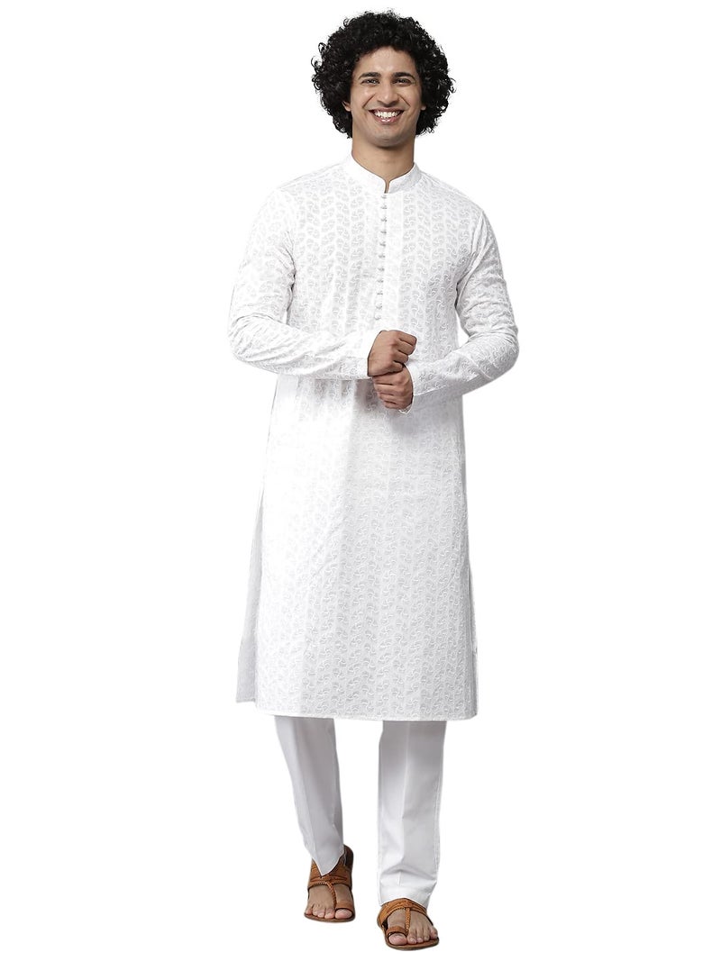 See Designs Men Cotton White Chikankari Embroidered Straight Kurta With Pyjama - Image 1