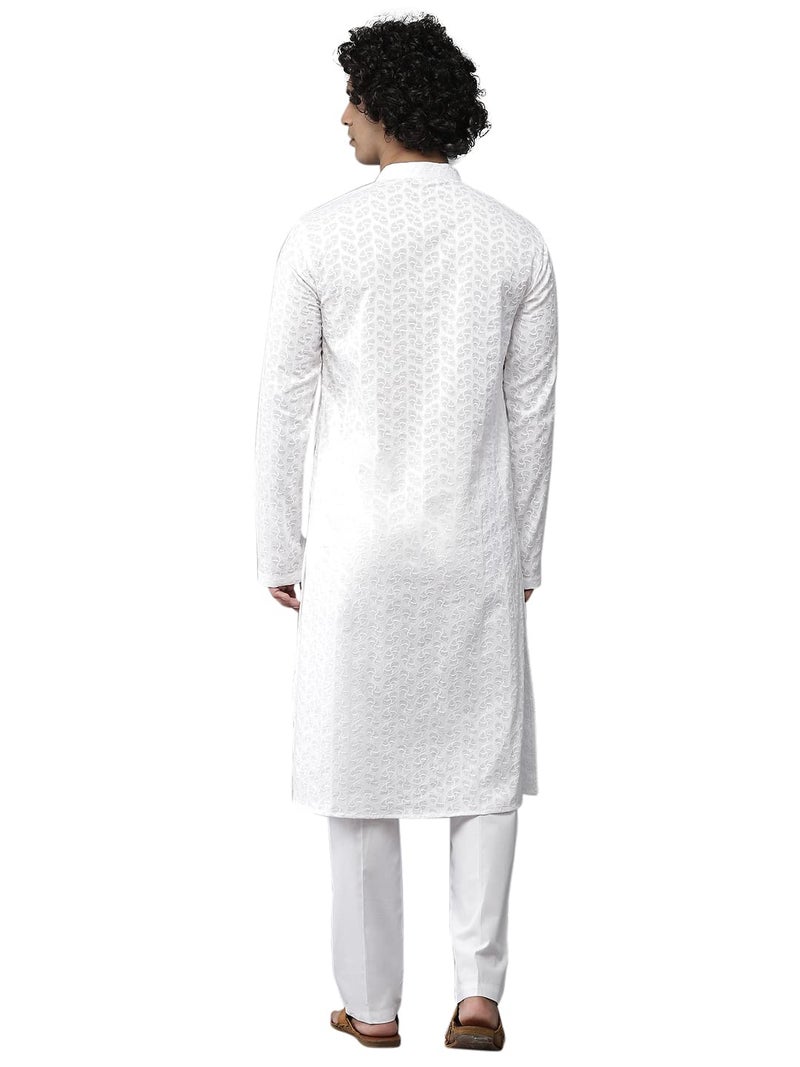 See Designs Men Cotton White Chikankari Embroidered Straight Kurta With Pyjama - Image 5