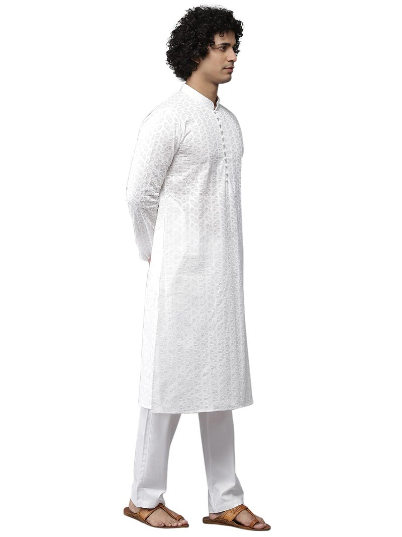 See Designs Men Cotton White Chikankari Embroidered Straight Kurta With Pyjama - Image 3