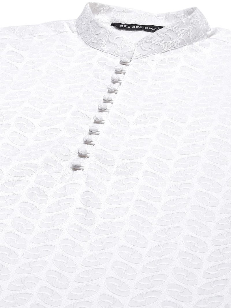 See Designs Men Cotton White Chikankari Embroidered Straight Kurta With Pyjama - Image 2