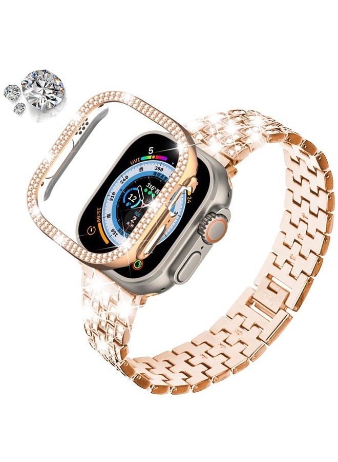 DEALELE Bands Compatible with iWatch Series 8 Ultra 49mm, Bling Rhinestone Diamond Metal Strap with Protective Case Cover Replacement for Apple Watch Ultra 49mm (49mm, Rose gold) - Image 2