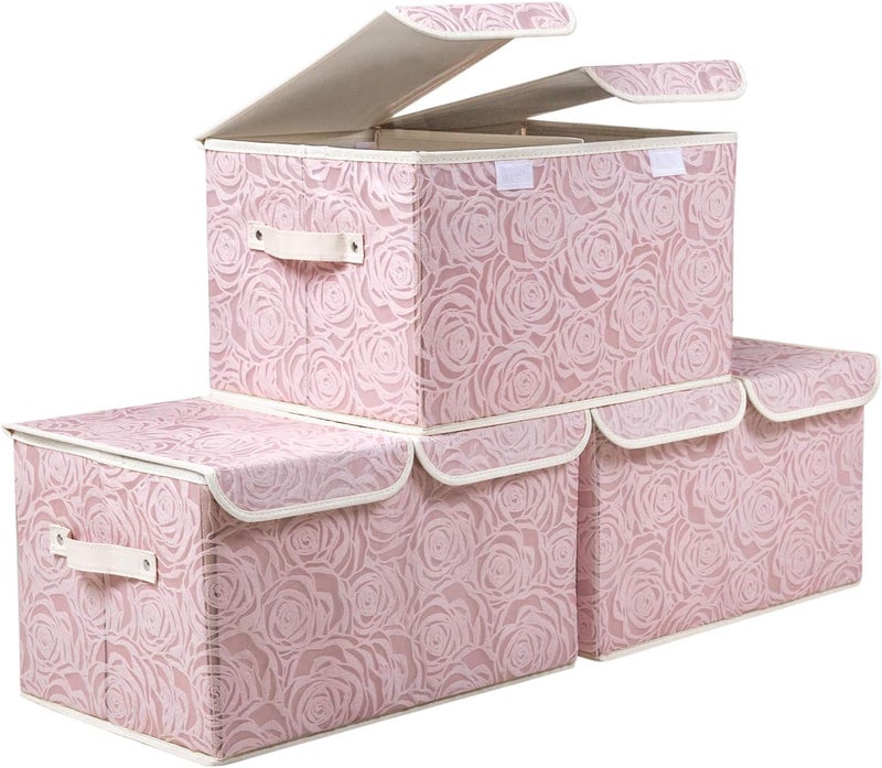 PRANDOM Large Stackable Storage Bins with Lids Fabric Decorative Storage Box Cubes Organizer Containers Baskets with Cover Handles Divider for Bedroom Closet Living Room 17.3x11.8x9.8 Inch 3 Pack - Image 1