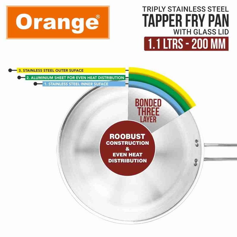 Orange Triply Stainless Steel Fry Pan/Kadai with Riveted Cast Long Handle with Glass Lid (1.1 litres)| 20 cm Diameter | Gas top and Induction Bottom Friendly (Fry Pan 1.1L) - Image 5