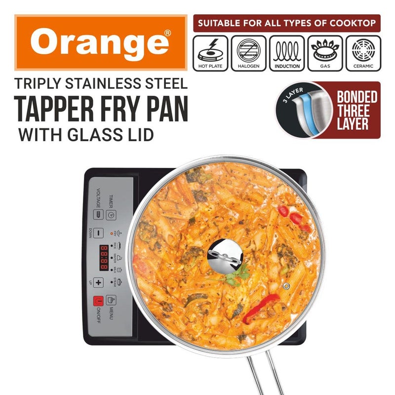 Orange Triply Stainless Steel Fry Pan/Kadai with Riveted Cast Long Handle with Glass Lid (1.1 litres)| 20 cm Diameter | Gas top and Induction Bottom Friendly (Fry Pan 1.1L) - Image 2