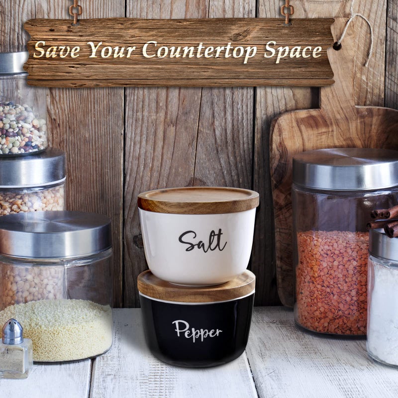 DAYYET Salt and Pepper Bowls, 10 oz Salt Cellar with Lid, Stacked Ceramic Salt Pepper Container with Acacia Wood Lid, Salt Box for Countertop, Black and White Kitchen Decor, Set of 2 - Image 5