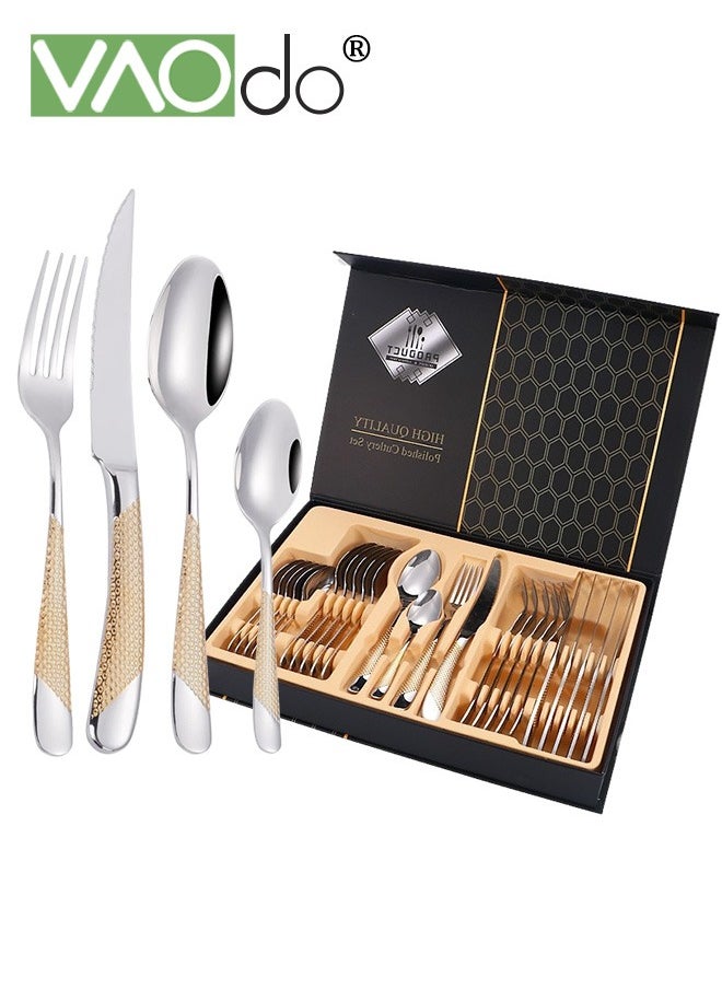 VAOdo 24PCS Hammered Silverware Set Stainless Steel Square Flatware Set for 6 Metal Tableware Cutlery Set Includes Dinner Knives Forks Spoons Modern Design Mirror Polished Dishwasher Safe  - Image 1