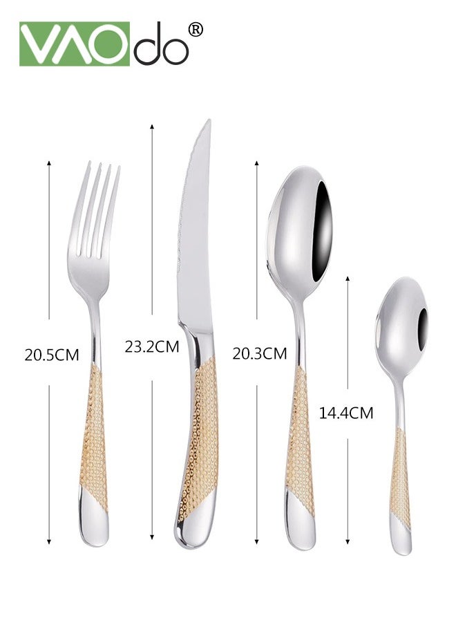 VAOdo 24PCS Hammered Silverware Set Stainless Steel Square Flatware Set for 6 Metal Tableware Cutlery Set Includes Dinner Knives Forks Spoons Modern Design Mirror Polished Dishwasher Safe  - Image 3