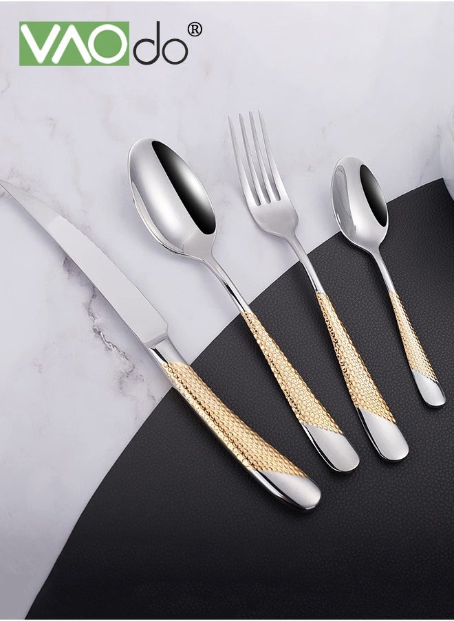 VAOdo 24PCS Hammered Silverware Set Stainless Steel Square Flatware Set for 6 Metal Tableware Cutlery Set Includes Dinner Knives Forks Spoons Modern Design Mirror Polished Dishwasher Safe  - Image 2